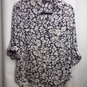 Fortune + Ivy Blouse S Button Up 3/4 Sleeve Pockets Black White